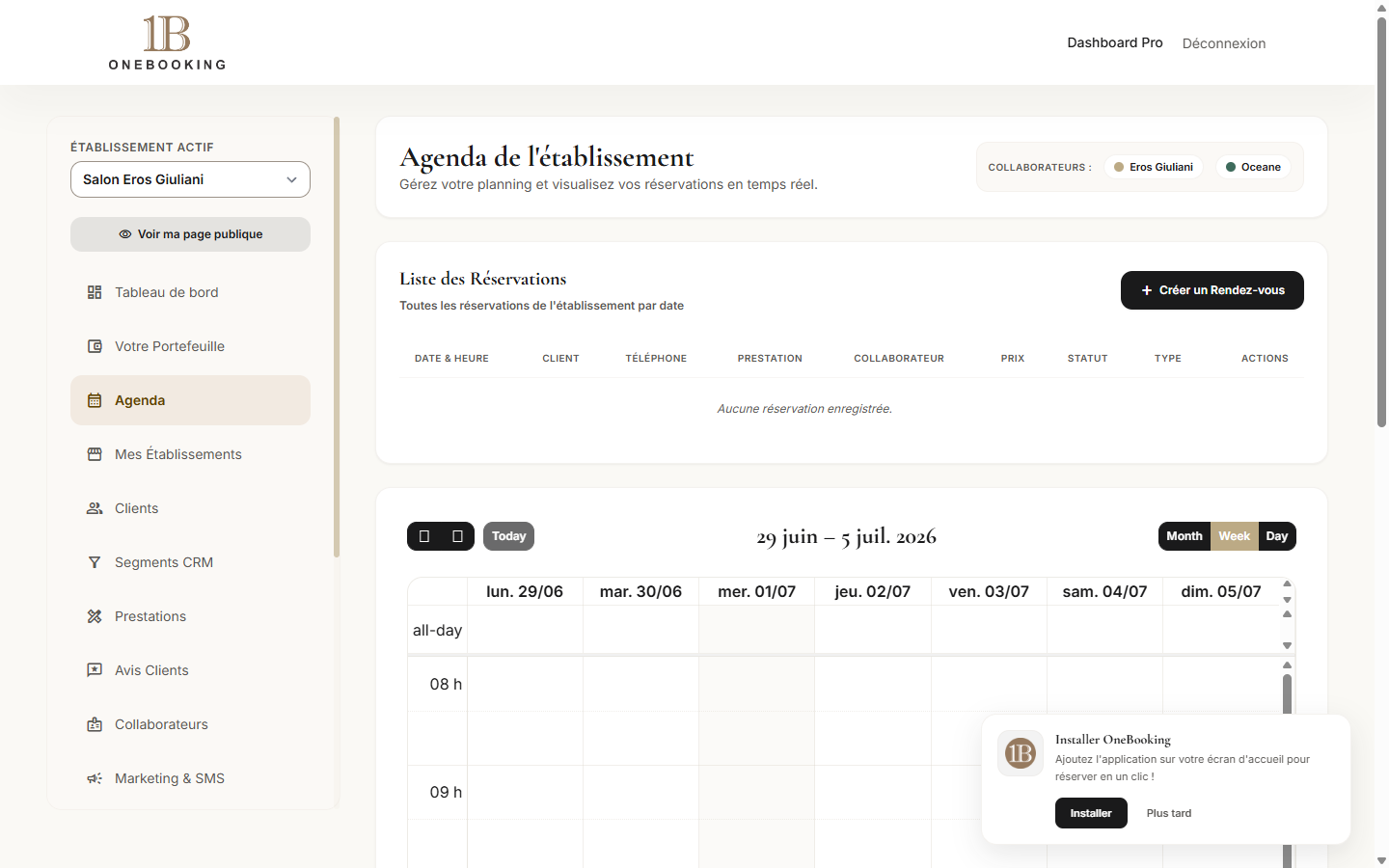 Agenda Espace Pro OneBooking
