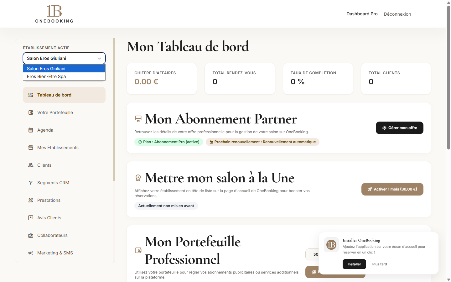 Bascule entre établissements dans le menu pro