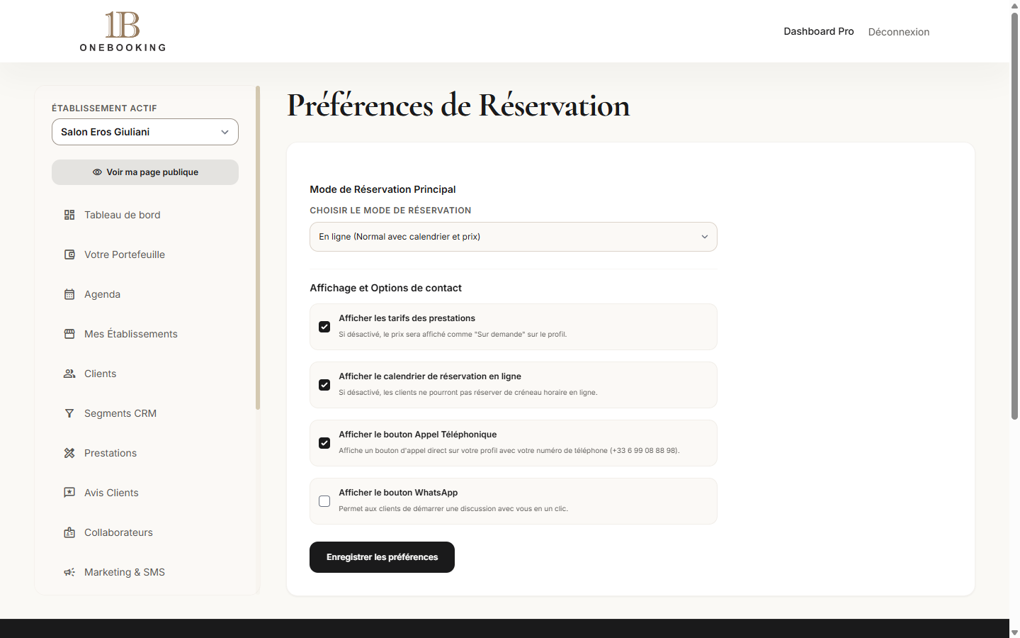 Activer option réservation par téléphone uniquement dans les options