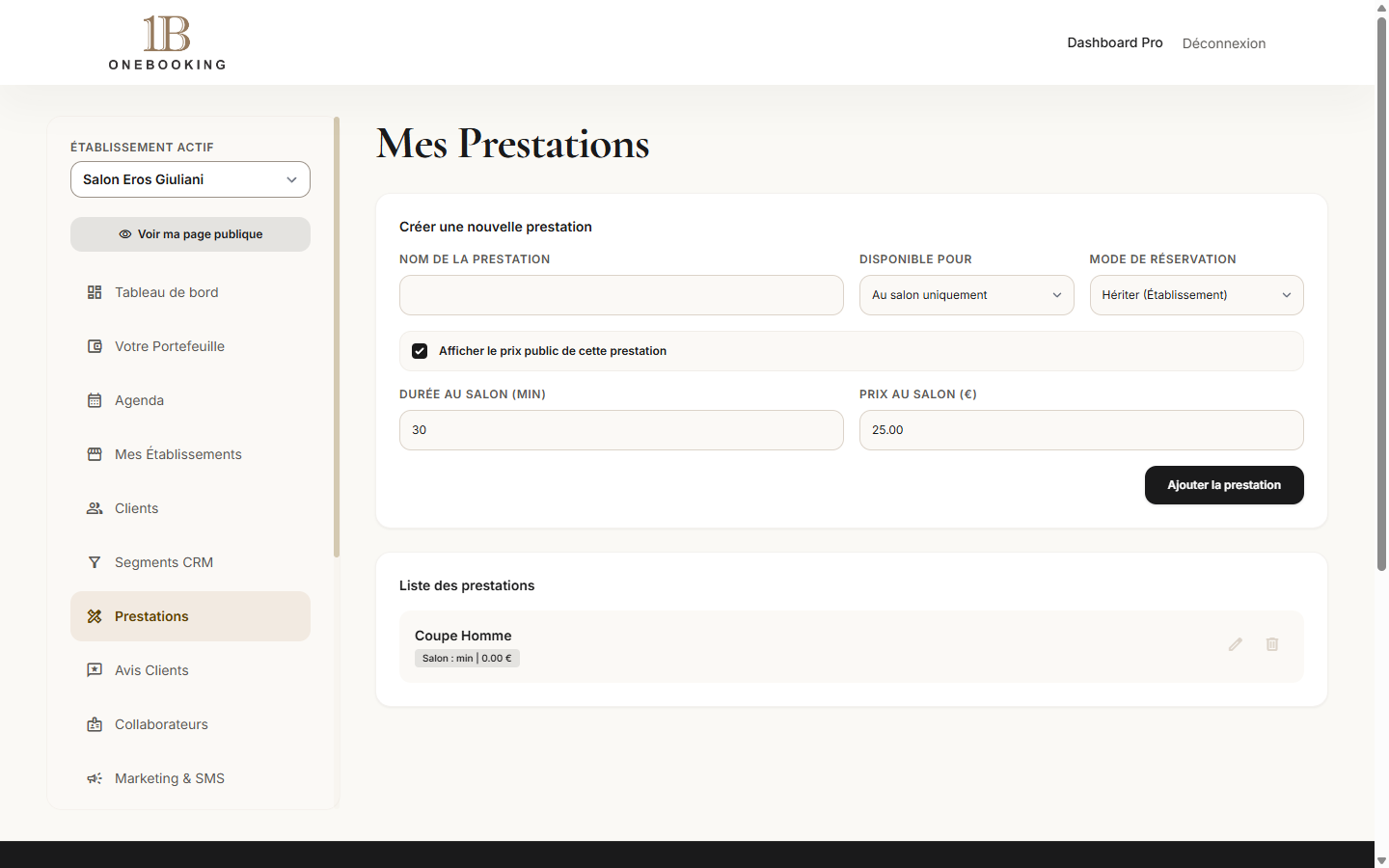 Gérer le catalogue de prestations et prix dans l'espace pro